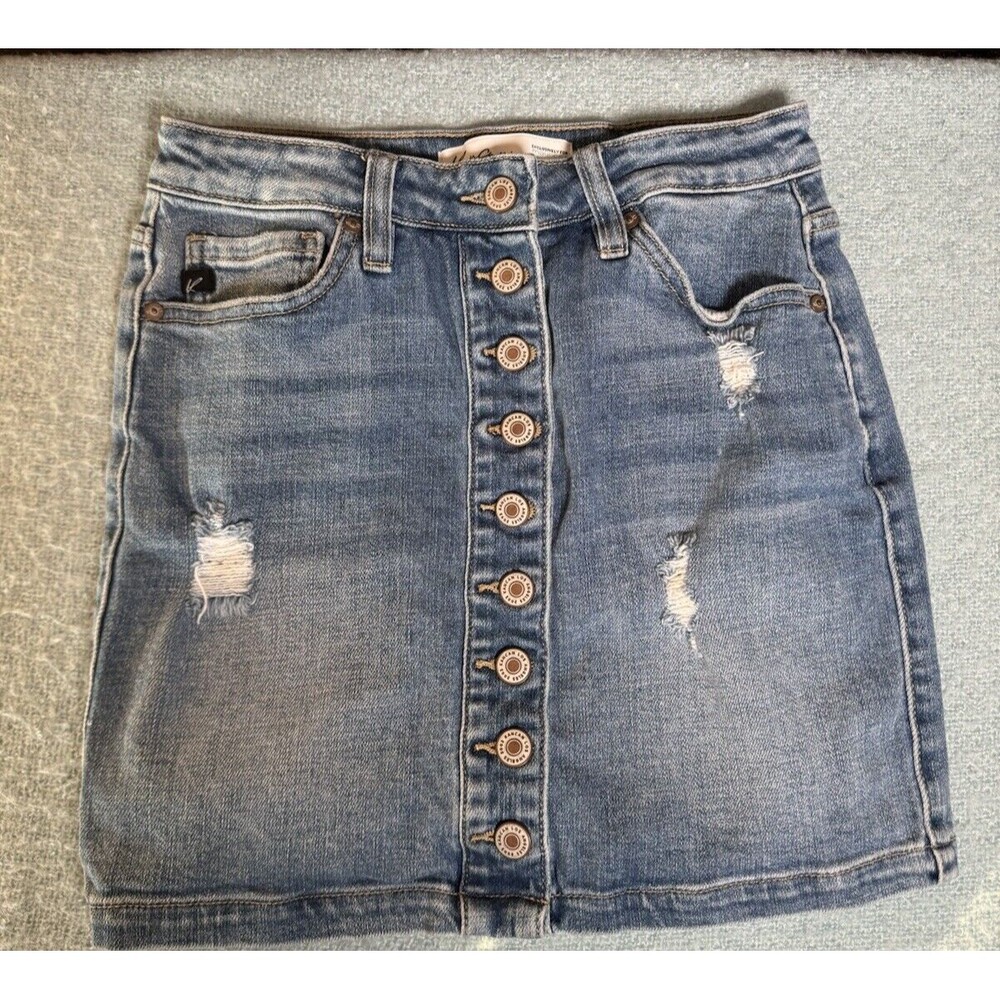 KanCan Cute Distressed Button Front‎ Blue Stretchy Denim Skirt Women's Size 25